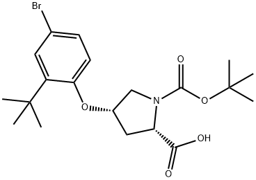 (2S,4S)-4-[4-Bromo-2-(tert-butyl)phenoxy]-1-(tert-butoxycarbonyl)-2-pyrrolidinecarboxylic acid Struktur