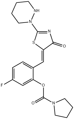 2{[(5Z)2(1,2diazinan1yl)4oxo4,5dihydro1,3thiazol5ylidene]Methyl}5fluorophenyl pyrrolidine1carboxylate Struktur