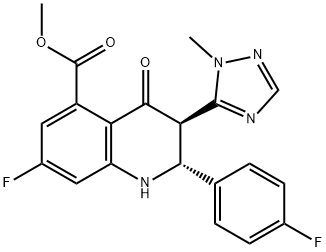 5-Quinolinecarboxylic acid,7-fluoro-2-(4-fluorophenyl)-1,2,3,4-tetrahydro-3-(1-Methyl-1H-1,2,4-triazol-5-yl)-4-oxo-,Methyl ester,(2R,3R)- Struktur