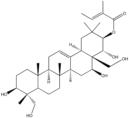 (3beta,4alpha,16beta,21beta,22alpha)-Olean-12-ene-3,16,21,22,23,28-hexol 21-[(2E)-2-methyl-2-butenoate] Struktur