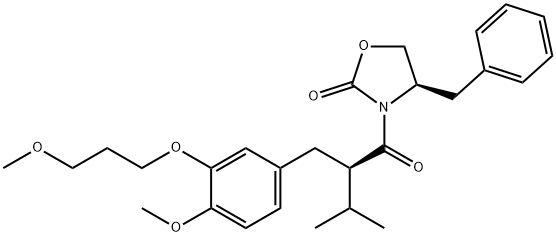 (R)-4-benzyl-3-((R)-2-(4-Methoxy-3-(3-Methoxypropoxy)benzyl)-3-Methylbutanoyl)oxazolidin-2-one Struktur