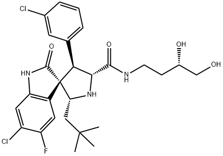 Spiro[3H-indole-3,3'-pyrrolidine]-5'-carboxaMide,6-chloro-4'-(3-chlorophenyl)-N-[(3S)-3,4-dihydroxybutyl]-2'-(2,2-diMethylpropyl)-5-fluoro-1,2-dihydro-2-oxo-,(2'R,3S,4'R,5'R)- Struktur