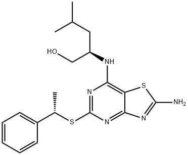 1-Pentanol, 2-[[2-aMino-5-[[(1S)-1-phenylethyl]thio]thiazolo[4,5-d]pyriMidin-7-yl]aMino]-4-Methyl-, (2R)- Struktur