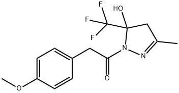 1-[5-hydroxy-3-methyl-5-(trifluoromethyl)-4H-pyrazol-1-yl]-2-(4-methoxyphenyl)ethanone Struktur