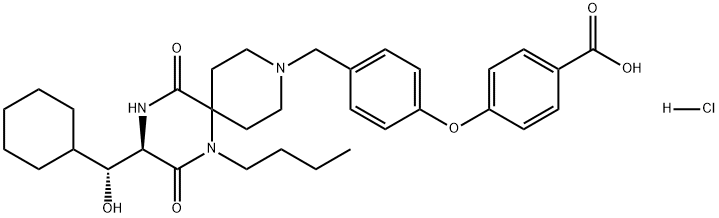 Benzoic acid, 4-[4-[[(3R)-1-butyl-3-[(R)-cyclohexylhydroxymethyl]-2,5-dioxo-1,4,9-triazaspiro[5.5]undec-9-yl]methyl]phenoxy]-, hydrochloride (1:1) Struktur