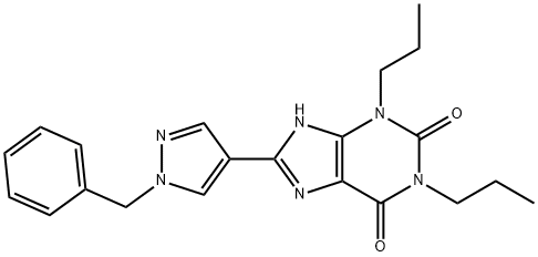 1H-Purine-2,6-dione, 3,9-dihydro-8-[1-(phenylmethyl)-1H-pyrazol-4-yl]-1,3-dipropyl- Struktur