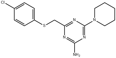 4-(4-Chloro-phenylsulfanylmethyl)-6-piperidin-1-yl-[1,3,5]triazin-2-ylamine Struktur