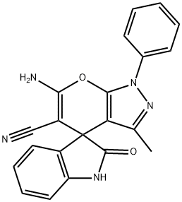 6'-amino-3'-methyl-2-oxo-1'-phenyl-1,2-dihydro-1'H-spiro[indole-3,4'-pyrano[2,3-c]pyrazole]-5'-carbonitrile Struktur