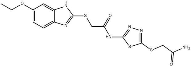 N-{5-[(2-amino-2-oxoethyl)sulfanyl]-1,3,4-thiadiazol-2-yl}-2-[(5-ethoxy-1H-benzimidazol-2-yl)sulfanyl]acetamide Struktur