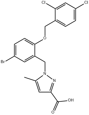 1-[[5-Bromo-2-[[(2,4-dichlorophenyl)methyl]oxy]phenyl]methyl]-5-methyl-1H-pyrazole-3-carboxylic acid Struktur