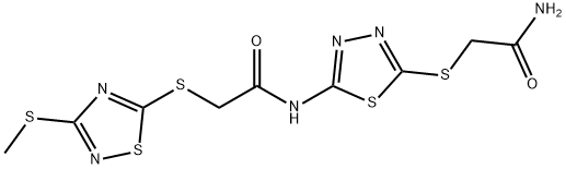 2-[[5-[[2-[(3-methylsulfanyl-1,2,4-thiadiazol-5-yl)sulfanyl]acetyl]amino]-1,3,4-thiadiazol-2-yl]sulfanyl]acetamide Struktur