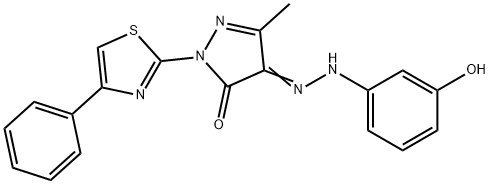 4-[(3-hydroxyphenyl)hydrazono]-5-methyl-2-(4-phenyl-1,3-thiazol-2-yl)-2,4-dihydro-3H-pyrazol-3-one Struktur