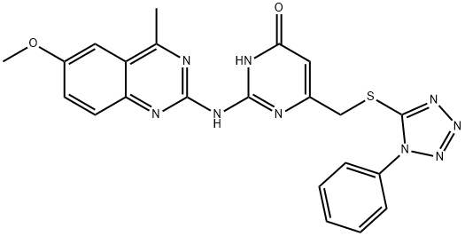 2-[(6-methoxy-4-methylquinazolin-2-yl)amino]-6-{[(1-phenyl-1H-tetrazol-5-yl)sulfanyl]methyl}pyrimidin-4(3H)-one Struktur