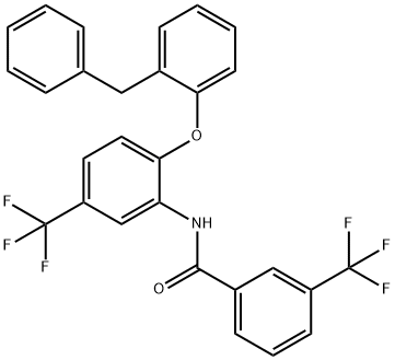 N-[2-(2-benzylphenoxy)-5-(trifluoromethyl)phenyl]-3-(trifluoromethyl)benzamide Struktur