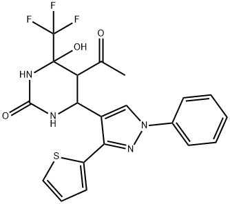 5-acetyl-4-hydroxy-6-(1-phenyl-3-(thiophen-2-yl)-1H-pyrazol-4-yl)-4-(trifluoromethyl)tetrahydropyrimidin-2(1H)-one Struktur