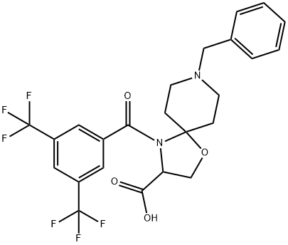 8-benzyl-4-[3,5-bis(trifluoromethyl)benzoyl]-1-oxa-4,8-diazaspiro[4.5]decane-3-carboxylic acid Struktur