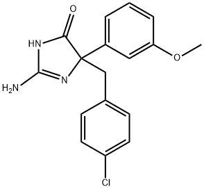 2-amino-5-[(4-chlorophenyl)methyl]-5-(3-methoxyphenyl)-4,5-dihydro-1H-imidazol-4-one Struktur