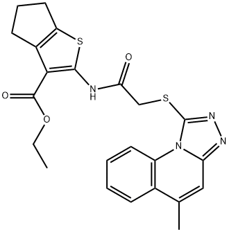 ethyl 2-(2-((5-methyl-[1,2,4]triazolo[4,3-a]quinolin-1-yl)thio)acetamido)-5,6-dihydro-4H-cyclopenta[b]thiophene-3-carboxylate Struktur