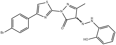 2-[4-(4-bromophenyl)-1,3-thiazol-2-yl]-4-[(2-hydroxyphenyl)hydrazono]-5-methyl-2,4-dihydro-3H-pyrazol-3-one Struktur