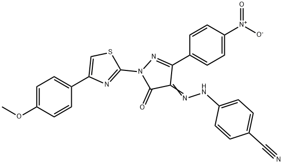 4-{2-[1-[4-(4-methoxyphenyl)-1,3-thiazol-2-yl]-3-(4-nitrophenyl)-5-oxo-1,5-dihydro-4H-pyrazol-4-ylidene]hydrazino}benzonitril Struktur