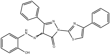 4-[(2-hydroxyphenyl)hydrazono]-5-phenyl-2-(4-phenyl-1,3-thiazol-2-yl)-2,4-dihydro-3H-pyrazol-3-one Struktur