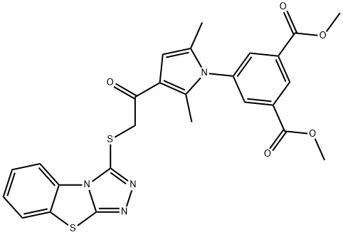 dimethyl 5-(3-(2-(benzo[4,5]thiazolo[2,3-c][1,2,4]triazol-3-ylthio)acetyl)-2,5-dimethyl-1H-pyrrol-1-yl)isophthalate Struktur