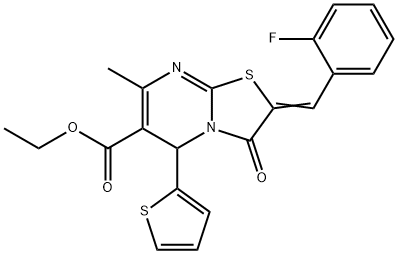 ethyl (E)-2-(2-fluorobenzylidene)-7-methyl-3-oxo-5-(thiophen-2-yl)-2,3-dihydro-5H-thiazolo[3,2-a]pyrimidine-6-carboxylate Struktur