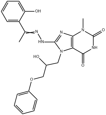 (E)-7-(2-hydroxy-3-phenoxypropyl)-8-(2-(1-(2-hydroxyphenyl)ethylidene)hydrazinyl)-3-methyl-3,7-dihydro-1H-purine-2,6-dione Struktur