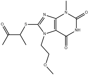 7-(2-methoxyethyl)-3-methyl-8-((3-oxobutan-2-yl)thio)-3,7-dihydro-1H-purine-2,6-dione Struktur