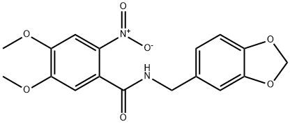 N-(1,3-benzodioxol-5-ylmethyl)-4,5-dimethoxy-2-nitrobenzamide Struktur