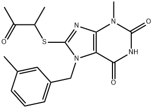 3-methyl-7-(3-methylbenzyl)-8-((3-oxobutan-2-yl)thio)-3,7-dihydro-1H-purine-2,6-dione Struktur