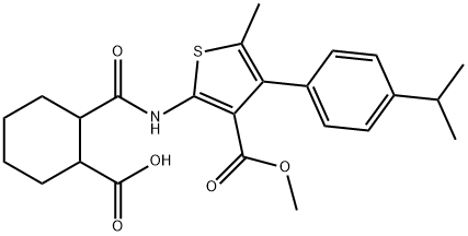 2-[[3-methoxycarbonyl-5-methyl-4-(4-propan-2-ylphenyl)thiophen-2-yl]carbamoyl]cyclohexane-1-carboxylic acid Struktur