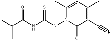 N-{[(3-cyano-4,6-dimethyl-2-oxo-1(2H)-pyridinyl)amino]carbonothioyl}-2-methylpropanamide Struktur