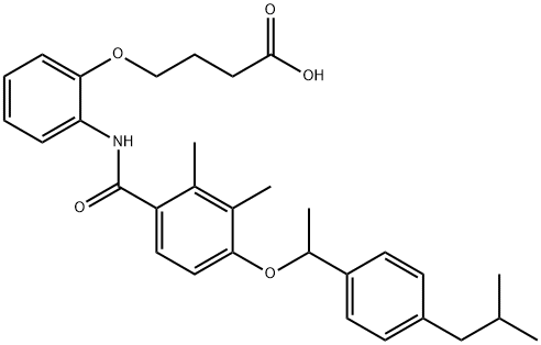 Butanoic acid, 4-[2-[[2,3-dimethyl-4-[1-[4-(2-methylpropyl)phenyl]ethoxy]benzoyl]amino]phenoxy]- Struktur