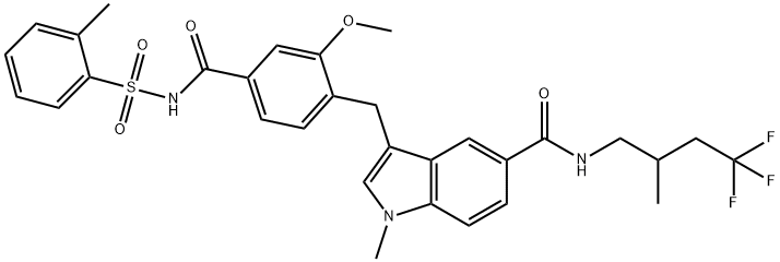 1H-Indole-5-carboxamide, 3-[[2-methoxy-4-[[[(2-methylphenyl)sulfonyl]amino]carbonyl]phenyl]methyl]-1-methyl-N-(4,4,4-trifluoro-2-methylbutyl)- Struktur