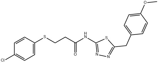 3-(4-chlorophenyl)sulfanyl-N-[5-[(4-methoxyphenyl)methyl]-1,3,4-thiadiazol-2-yl]propanamide Struktur