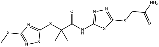 N-{5-[(2-amino-2-oxoethyl)sulfanyl]-1,3,4-thiadiazol-2-yl}-2-methyl-2-{[3-(methylsulfanyl)-1,2,4-thiadiazol-5-yl]sulfanyl}propanamide Struktur