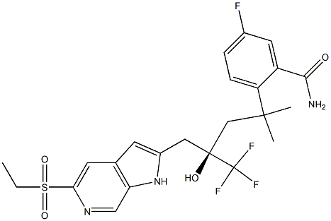 2-[(4R)-4-[(5-ethylsulfonyl-1H-pyrrolo[2,3-c]pyridin-2-yl)methyl]-5,5,5-trifluoro-4-hydroxy-2-methylpentan-2-yl]-5-fluorobenzamide Struktur