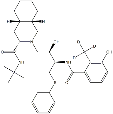 (3S,4aS,8aS)-N-tert-butyl-2-[(2R,3R)-2-hydroxy-3-[[3-hydroxy-2-(trideuteriomethyl)benzoyl]amino]-4-phenylsulfanylbutyl]-3,4,4a,5,6,7,8,8a-octahydro-1H-isoquinoline-3-carboxamide Struktur