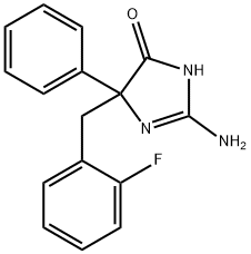 2-amino-5-[(2-fluorophenyl)methyl]-5-phenyl-4,5-dihydro-1H-imidazol-4-one Struktur