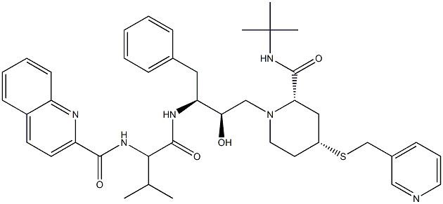 2-Quinolinecarboxamide,N-[(1S)-1-[[[(1S,2R)-3-[(2S,4R)-2-[[(1,1-dimethylethyl)amino]carbonyl]-4-[(3-pyridinylmethyl)thio]-1-piperidinyl]-2-hydroxy-1-(phenylmethyl)propyl]amino]carbonyl]-2-methylpropyl]- Struktur