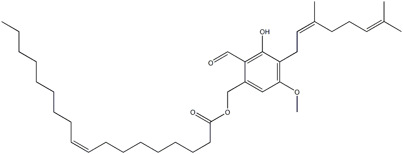 9-Octadecenoic acid(9Z)-,[4-[(2Z)-3,7-dimethyl-2,6-octadienyl]-2-formyl-3-hydroxy-5-methoxyphenyl]methylester (9CI) Struktur