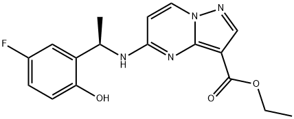 ethyl (R)-5-((1-(5-fluoro-2-hydroxyphenyl)ethyl)amino)pyrazolo[1,5-a]pyrimidine-3-carboxylate Struktur