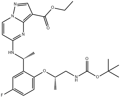 ethyl 5-(((R)-1-(2-(((S)-1-((tert-butoxycarbonyl)amino)propan-2-yl)oxy)-5-fluorophenyl)ethyl)amino)pyrazolo[1,5-a]pyrimidine-3-carboxylate Structure