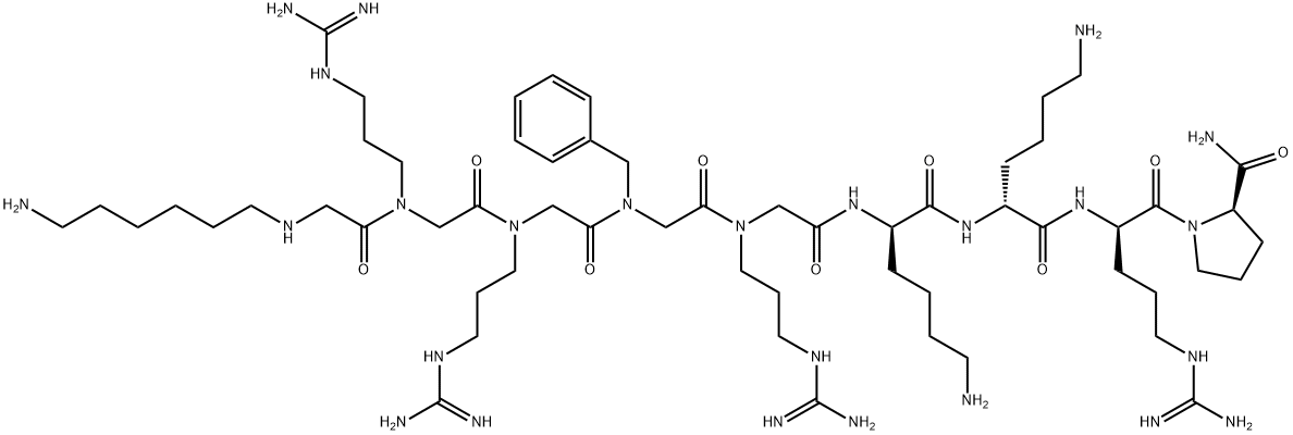 (2S)-1-[(2R)-2-[[(2R)-6-amino-2-[[(2R)-6-amino-2-[[2-[[2-[[2-[[2-[[2-(6-aminohexylamino)acetyl]-[3-(diaminomethylideneamino)propyl]amino]acetyl]-[3-(diaminomethylideneamino)propyl]amino]acetyl]-benzyl-amino]acetyl]-[3-(diaminomethylideneamino)propyl]amino]acetyl]amino]hexanoyl]amino]hexanoyl]amino]-5-(diaminomethylideneamino)pentanoyl]pyrrolidine-2-carboxamide Struktur