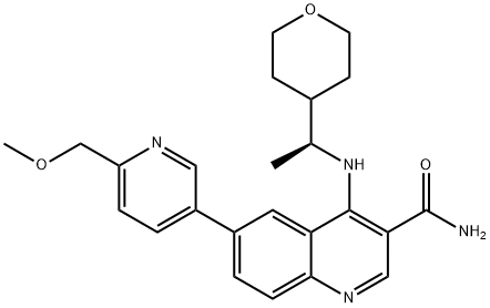 4-((S)-1-(tetrahydro-2H-pyran-4-yl)ethylamino)-6-(6-(methoxymethyl)pyridin-3-yl)quinoline-3-carboxamide Struktur