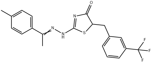 (Z)-2-(((Z)-1-(p-tolyl)ethylidene)hydrazono)-5-(3-(trifluoromethyl)benzyl)thiazolidin-4-one Struktur