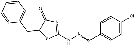 (E)-5-benzyl-2-(((E)-4-hydroxybenzylidene)hydrazono)thiazolidin-4-one Struktur