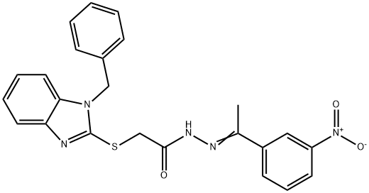 2-(1-benzylbenzimidazol-2-yl)sulfanyl-N-[(E)-1-(3-nitrophenyl)ethylideneamino]acetamide Struktur