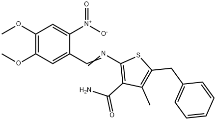 5-benzyl-2-[(4,5-dimethoxy-2-nitrobenzylidene)amino]-4-methyl-3-thiophenecarboxamide Struktur